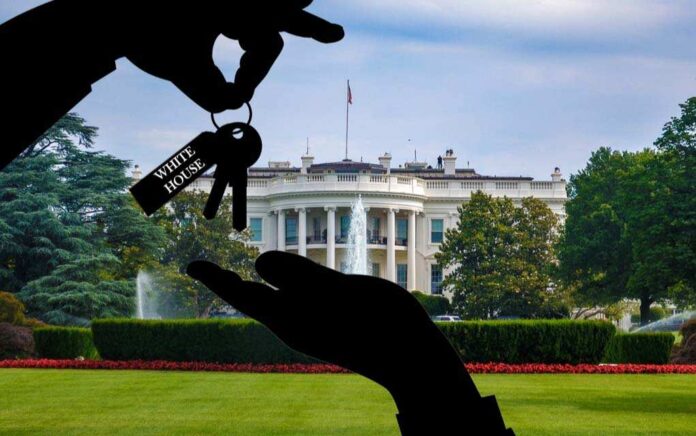 1856959720 featured image Silhouette hands exchange keys labeled "White House".