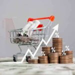 Shopping cart with coins and rising graph