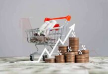 Shopping cart with coins and rising graph