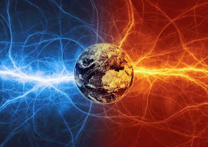 748734982 featured image Earth with blue and red electric energy surrounding.