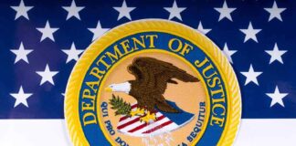 Department of Justice seal on American flag background