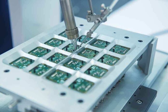 Robotic arm assembling electronic circuit boards in production