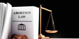 Gavel and abortion law book next to scales