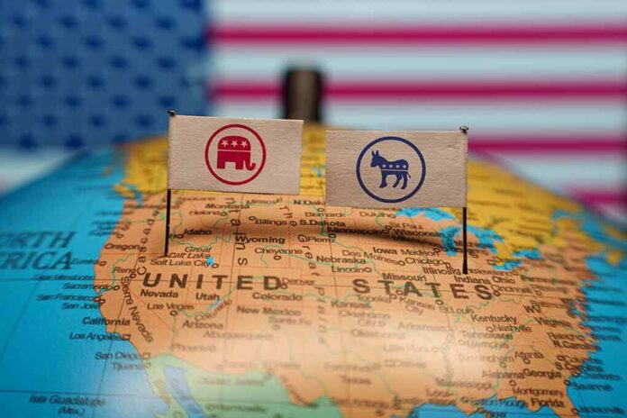 2428155117 featured image Republican and Democrat flags on United States map