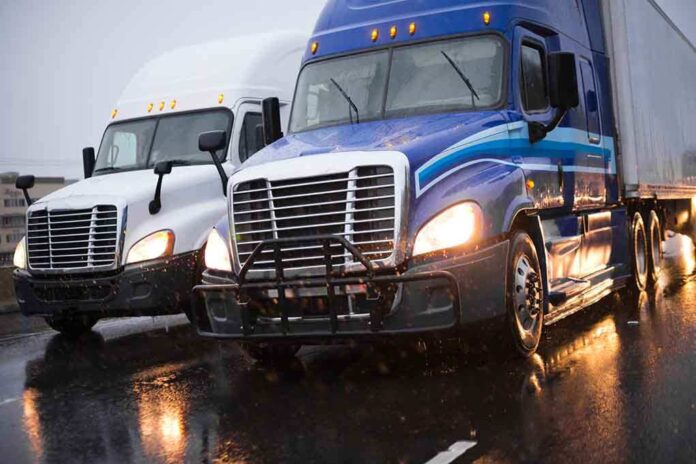 1011507415 featured image Two trucks driving on a wet road