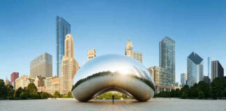 Cloud Gate sculpture with skyline of skyscrapers behind it