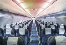 Empty airplane cabin with rows of seats