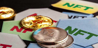 Ethereum coins on NFT cards background