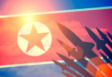 North Korean flag with missile silhouettes