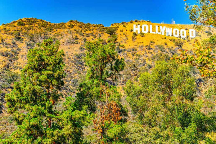 Hollywood sign on hillside with trees in foreground.