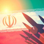 Silhouettes of missiles over Iran's flag graphic