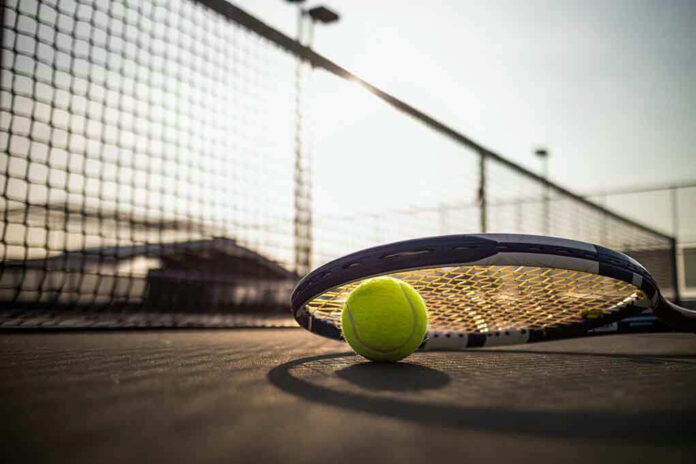 Tennis racket and ball on court near net.