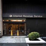 Entrance of the Internal Revenue Service office with signage