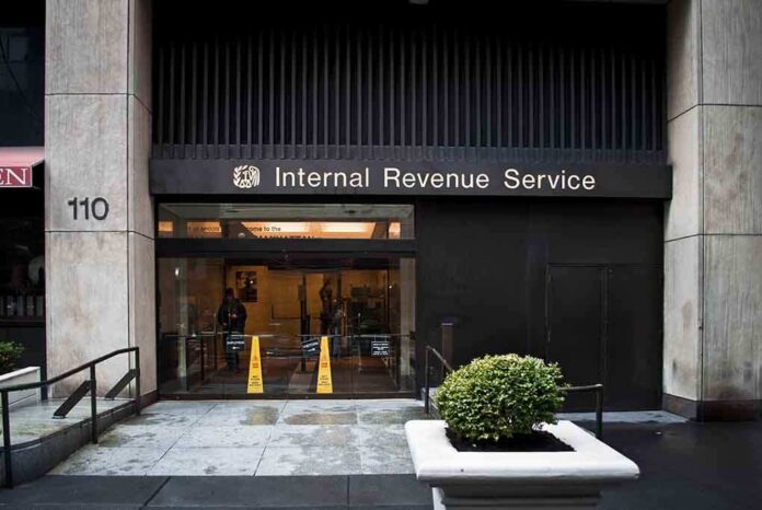 Entrance of the Internal Revenue Service office with signage