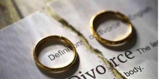 Two gold wedding rings placed on a torn page with the word 'Divorce'