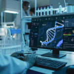 Scientist analyzing DNA on computer in laboratory