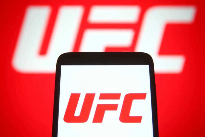 UFC logo on phone screen and background.
