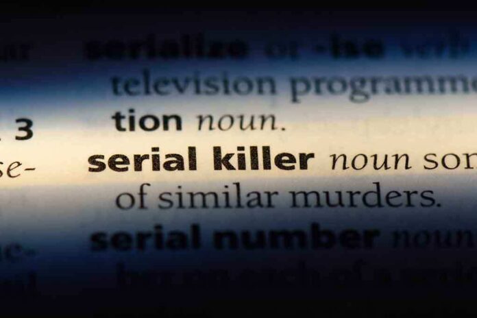 Close-up of a dictionary page showing the definition of 'serial killer'