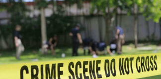 Yellow crime scene tape blocking grassy area.