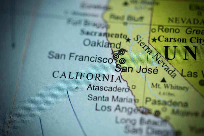 309262043 Close-up of California map showing major cities.