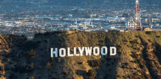 The Hollywood sign on a hillside.