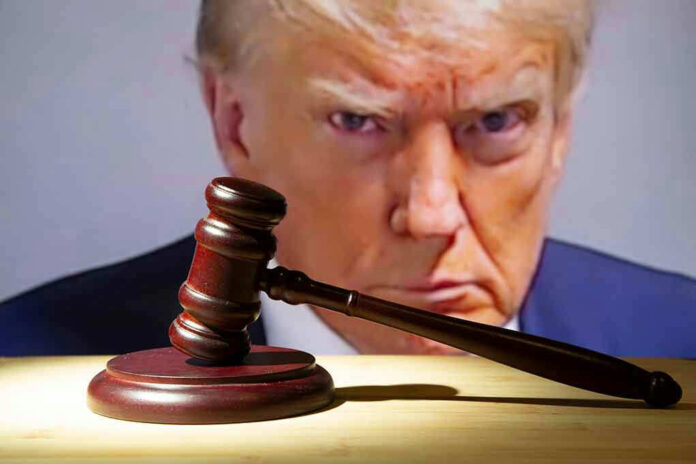 Gavel in front of a serious mans face.