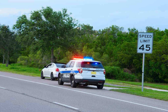 Police car pulling over a white car