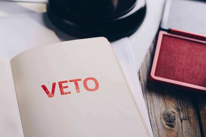 A stamped document with the word 'VETO' in red ink
