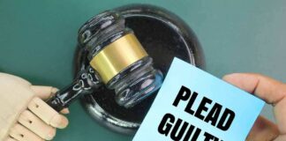 A wooden gavel next to a hand holding a blue card that says 'PLEAD GUILTY'