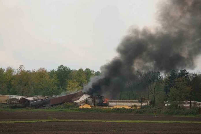 A train derailment scene with smoke rising from the wreckage