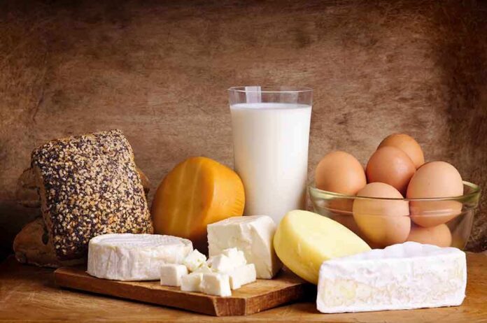 Assorted dairy products including cheese, milk, and eggs on a wooden surface