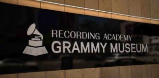 Sign for the Grammy Museum displaying a gramophone logo