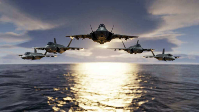 Five fighter jets flying over the ocean at sunset.