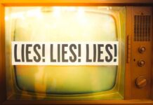A vintage television displaying the words 'LIES LIES LIES'