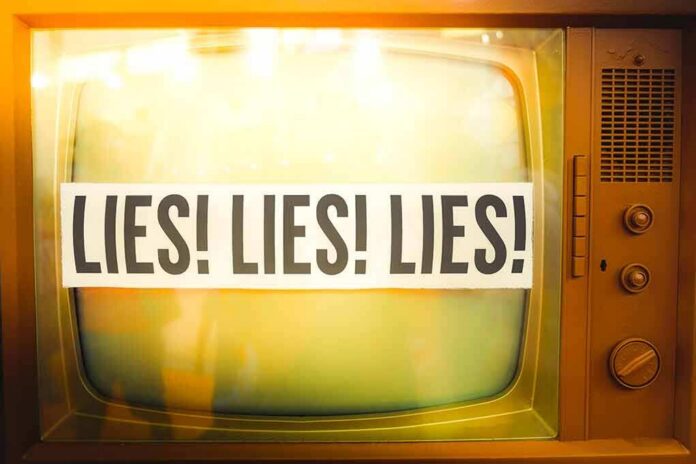 A vintage television displaying the words 'LIES LIES LIES'