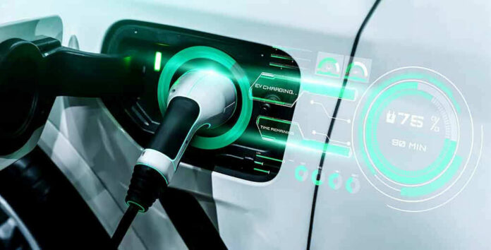 2029124999 Electric car charging with futuristic display interface.