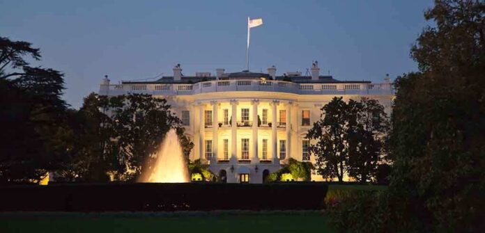 The White House illuminated at night with a fountain in the foreground