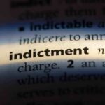 Close-up of a dictionary page showing the definition of 'indictment'