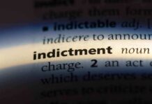 Close-up of a dictionary page showing the definition of 'indictment'
