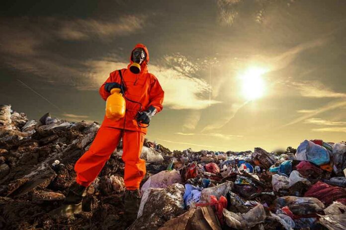 shutterstock_241729765.jpg Person in protective gear standing on a landfill with a yellow container