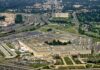 Aerial view of the Pentagon surrounded by highways and urban areas