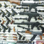 Wall display of various firearms in a store.