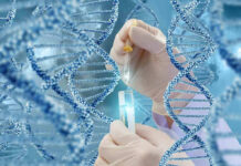Hands with pipette and test tube surrounded by DNA strands.