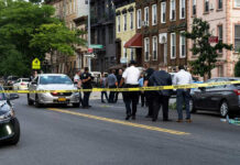Police gathered at an urban crime scene.