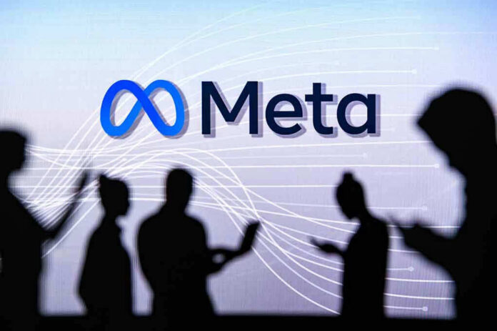 2131709785 People silhouetted against Meta logo background.