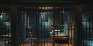 Empty prison cell with metal bars and bed.