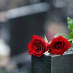 Two red roses on a gravestone.