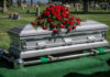 Silver casket with red roses in a cemetery.