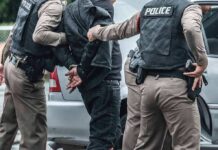 Police officers arresting a person beside a car