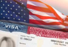 US visa document with American flag in background